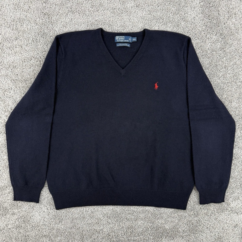 Polo Ralph Lauren Sweater Men's XXL Navy 100% Lambs Wool V-Neck Old Money